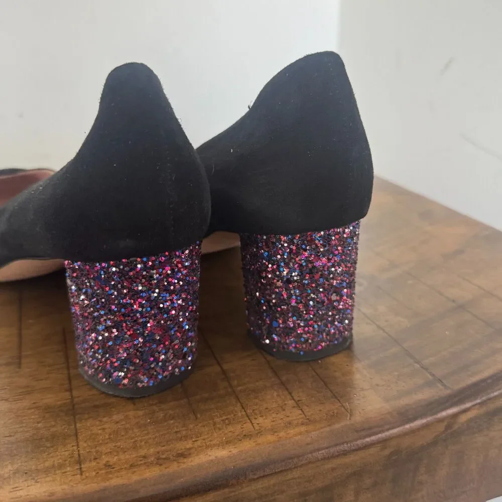 Kate Spade Made in Italy Black Suede Pumps Women's 10M Glitter Block Heels